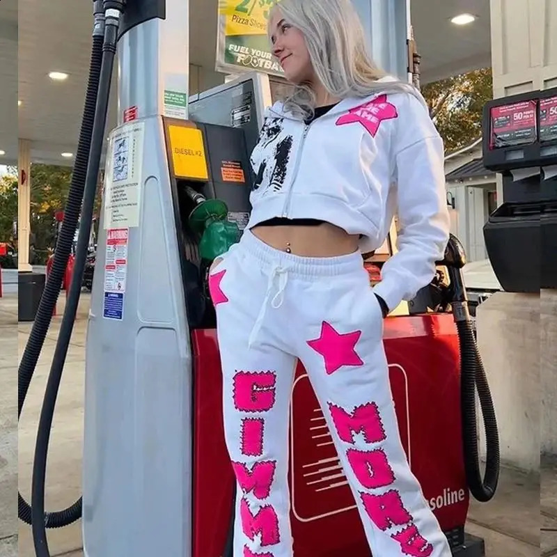 Star Print Oversized Long Sleeved Sports Hoodie Street Hiphop Harajuku Fashion Zippered Top Drawstring Pants Y2k Clothing 250122