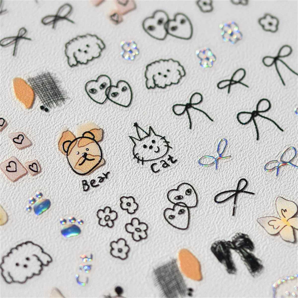 1pcs Cute Sketching Graffiti Animal Cat Dog Rabbit Bear Laser Nail Art Sticker Designs Self Adhesive Decoration Decal AcessoriesXJ250120