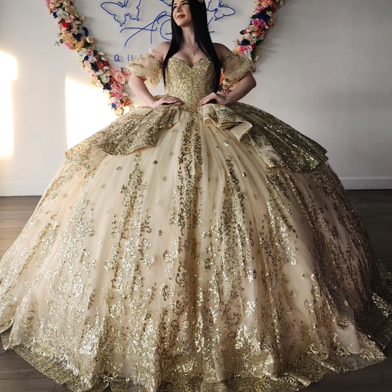 Champagne Quinceanera Dresses Ball Gown Off The Shoulder Sequin Applique Lace Beads Tull Party Birthday Sweet 16 Dress Vestidos 15 de anos