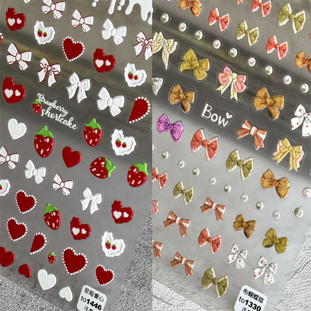 1pcs 5D Relief Red Strawberry Ribbon Heart Nail Art Stickers Japanese Brown Bow Nail Decorations Fashion Decals DIY AccessoriesXJ250120