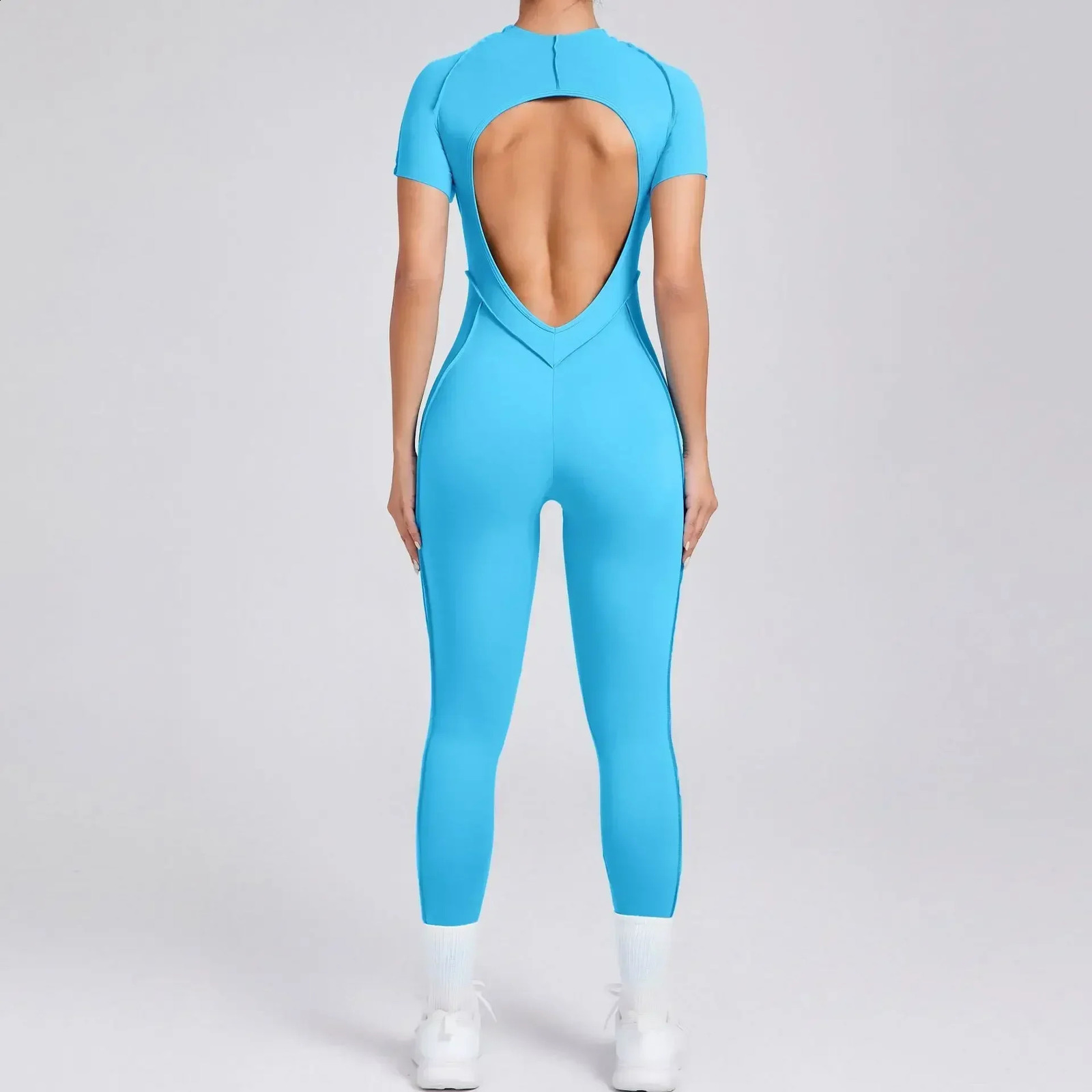 Seamless Yoga Jumpsuits Sports Fitness Hiplifting Backless Shortsleeved Onepiece Workout Gym Leggings Tracksuits for Women 250107