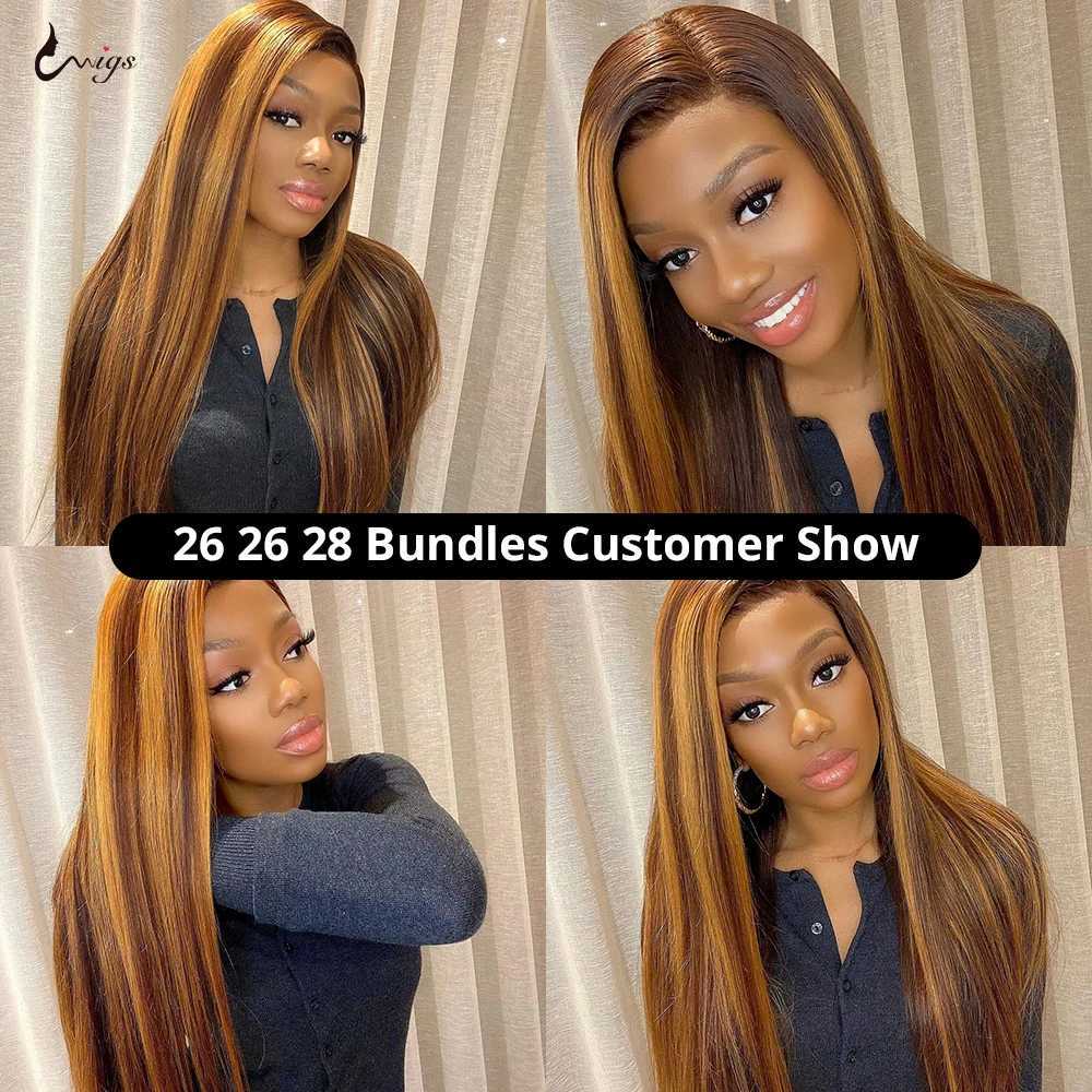 Uwigs Highlight Straight Bundles With Clo Human Hair Bundles With Clo Transparent Lace Clo Brazilian Hair BundlesXJ250120