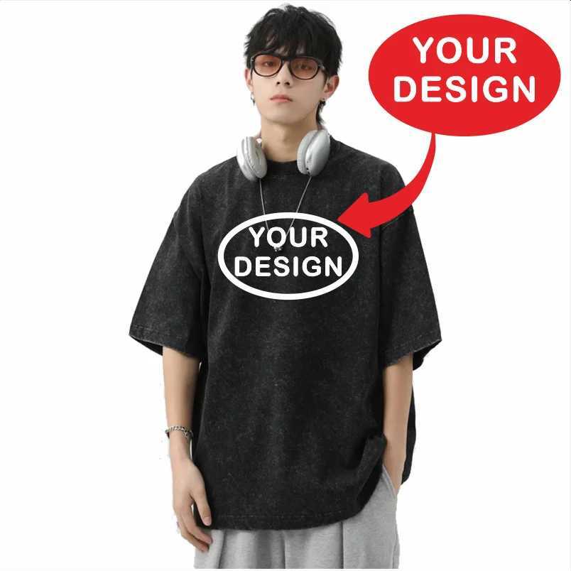 Customized T-shirt With Your Hip-hop Street Mens 100% Pure Cotton Loose Fit Distressed Printed Embroidery Personalized Top X250203