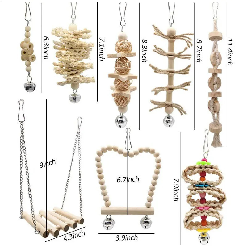 Parrot Toy Combination Set Bird Habitat Swing Wood Color Bird Supplies Biting Bird Toy Set 8 pieces 250121