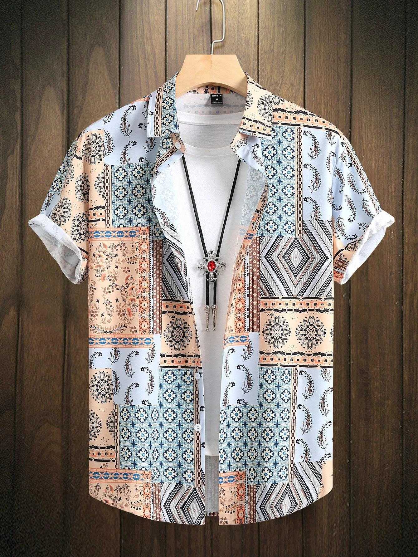 Ethnic Patchwork Design Printed mens And womens Shirts Casual Design short-sleeved Shirts Fashion Button short-sleeved TopsXJ250121