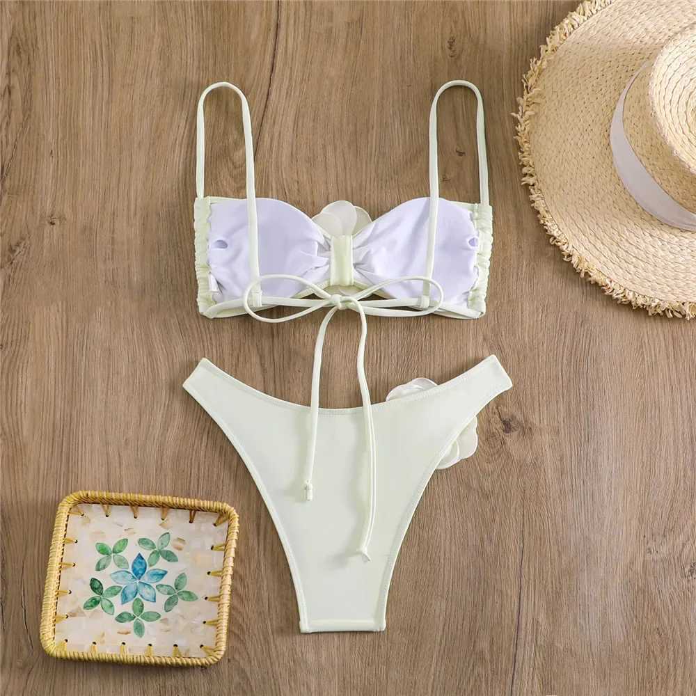 Sexy Flower Swimwear Bandeau Bikini 2025 Women Micro Thong Swimsuit Lace-up Swimming Wear Bathing Suit Bikinis Set jer BiquiniXJ250120