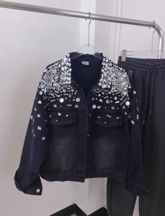 Hand-Stitched Purple Sequin Denim Jacket for Women Autumn Diamond Lapel Single Breasted Washed Cotton Denim Jacket 250116
