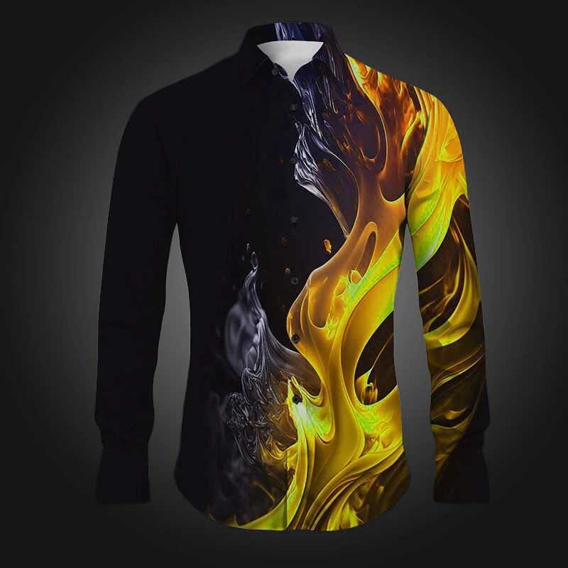 Casual formal wear loose and comfortable longsleeved mens clothing trend high-end mens shirt 3D printed hot flame shirtXJ250121
