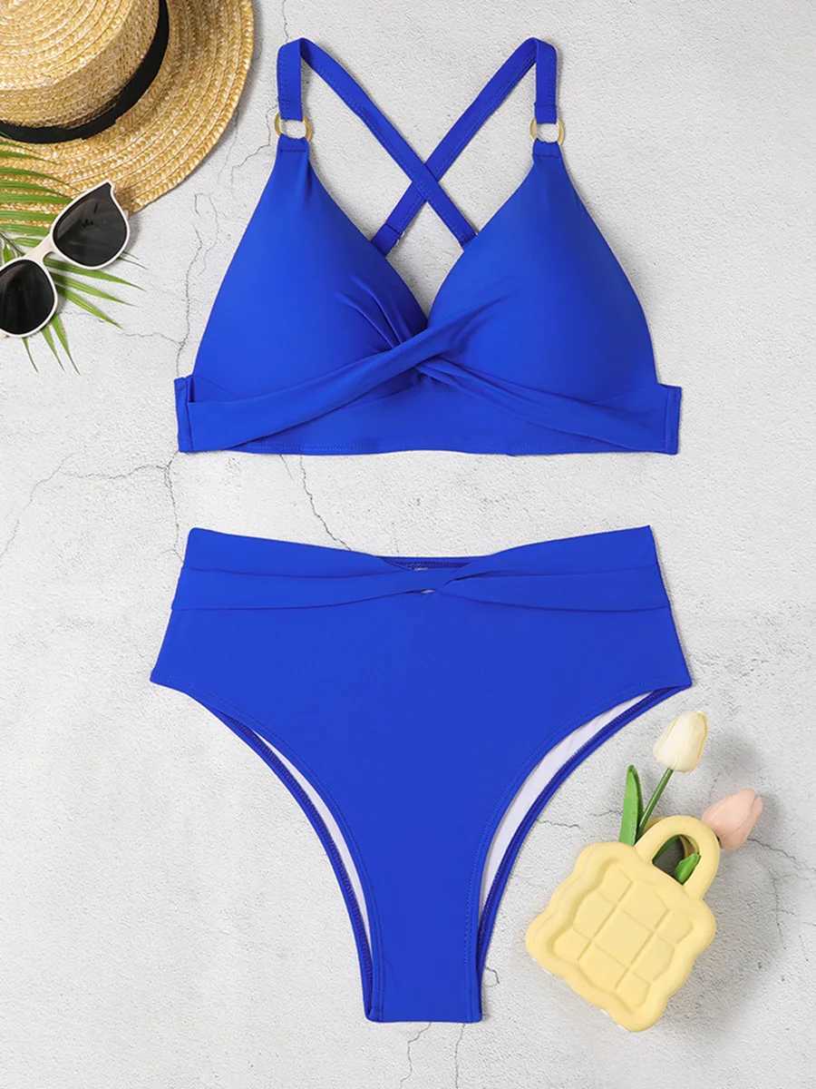 2024 Cross Ring Link Two Piece High Waist Bikini Women Swimwear Fe Swimsuit Bathers Bathing Swimming Suit Beachwear SummerXJ250120