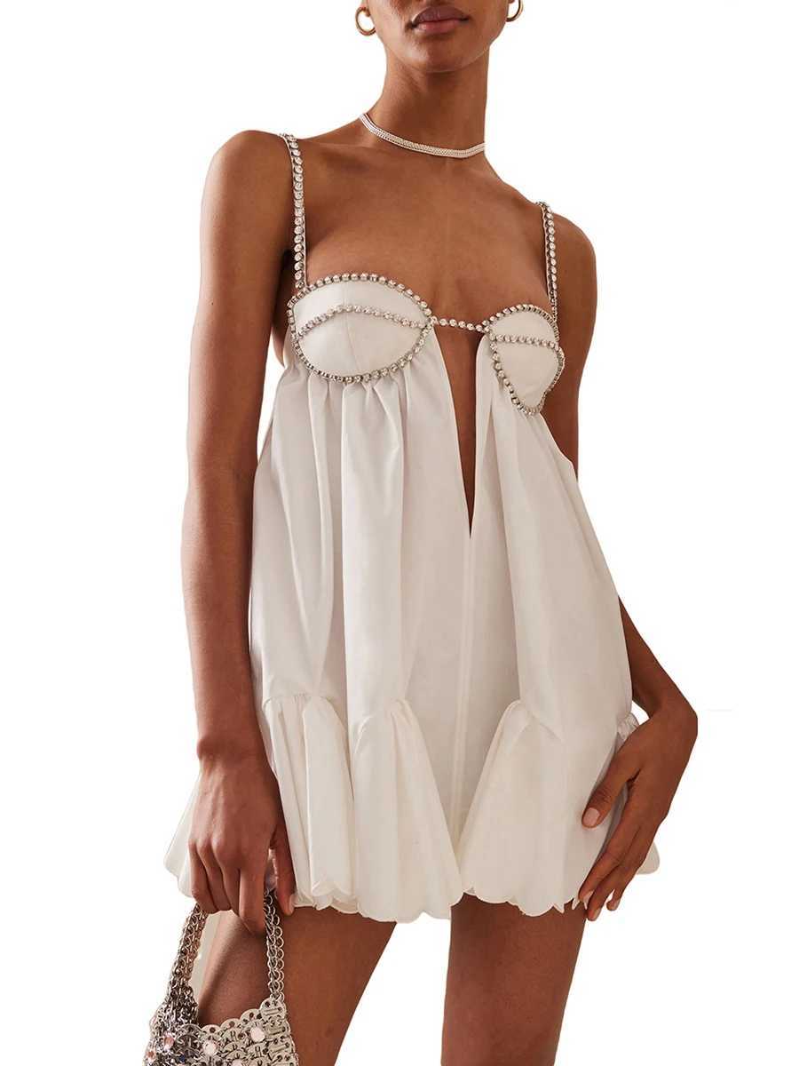 Women Loose Spaghetti Strap Dress Summer Crystal Rhine Cutout Cocktail Party Mini A-line Dress for Beach NightclubXJ250115
