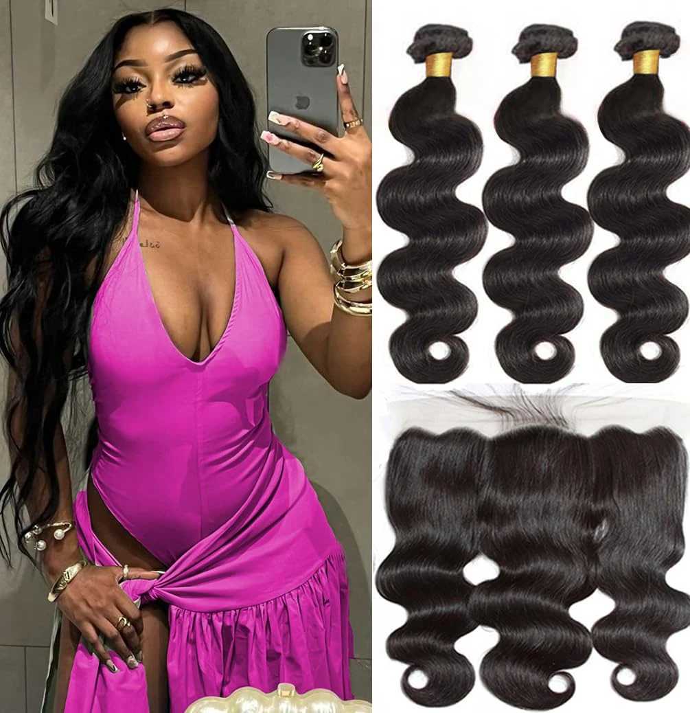 Body Wave Bundles With 134 Lace Frontal 100% Unprocessed Brazilian Body Wave Human Hair Weaves Double Weft With Lace FrontalXJ250120