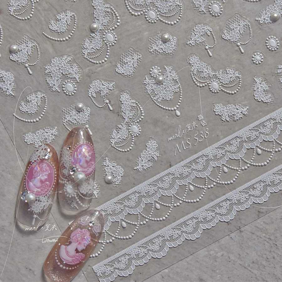 Japanese White Lace Flower High Quality 3D Embossing Adhesive Nail Stickers Nail Art Decoration Decals DesignXJ250120
