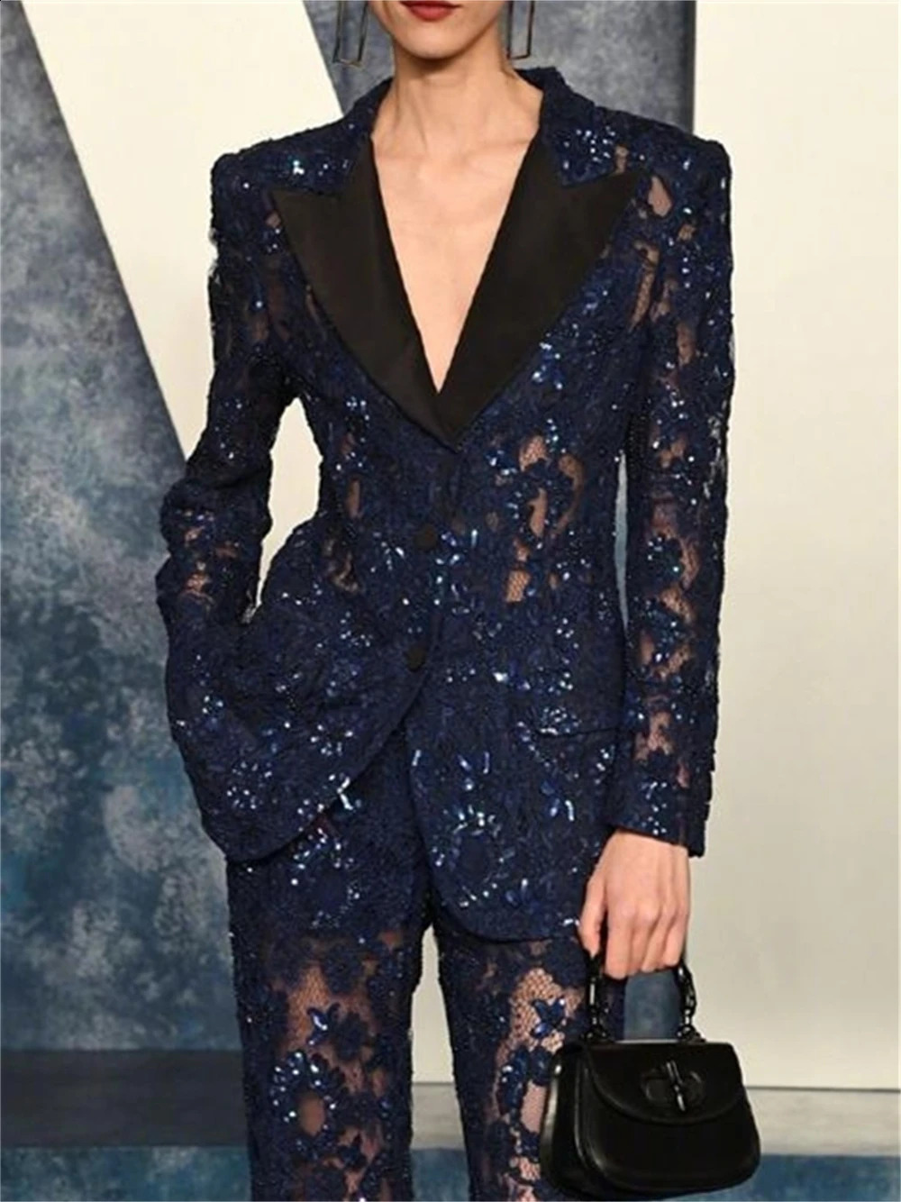 est Pageant Restoration Women Suit Set Sexy Illusion Sequined Lace Tuxedo Suits Blazer Pants In Stock 250114