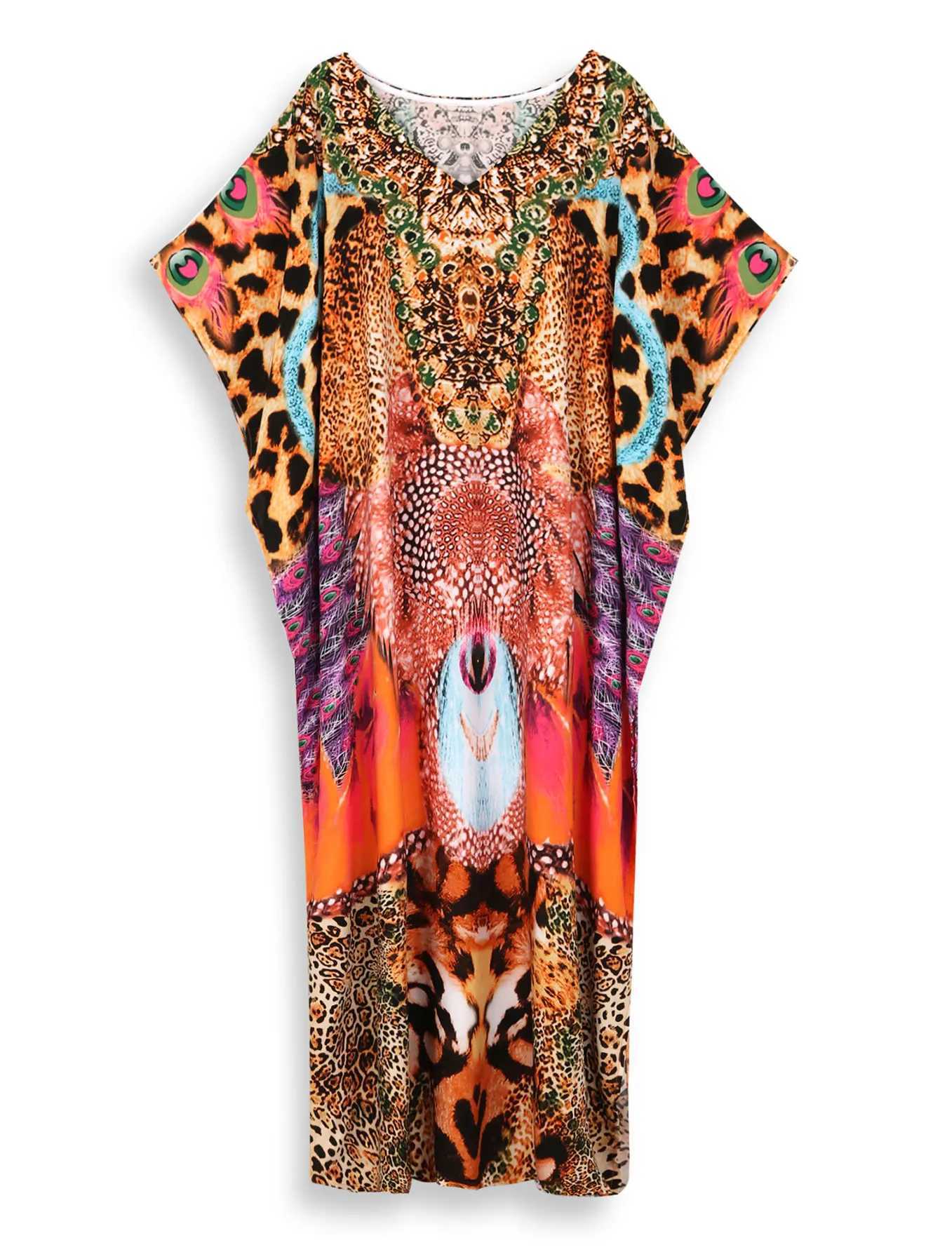 Boho Printed Kaftan Casual Summer Clothing 2024 Women Plus Size V Neck Batwing Sleeve Beachwear Cover Up Maxi Dr Robe Sarong W250120