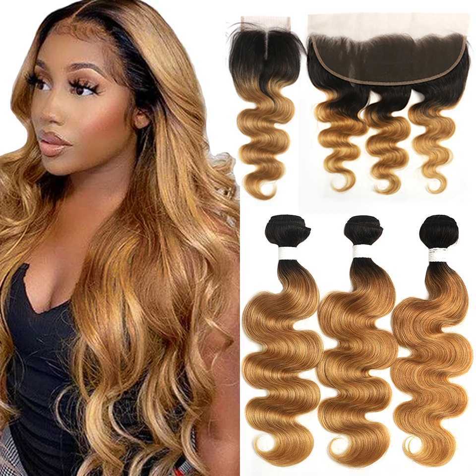 Colored Brazilian Body Wave Hair Weave 3/4 Bundles With Clo Blonde 1B/27 Remy Ombre Human Bundles With Lace Frontal CloXJ250120