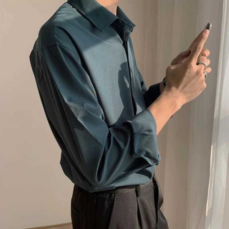 Top Quality Ice Silk Sexy Mens Casual Shirts Solid Color Loose Harajuku Black Long Sleeve Shirt for Men Japanese StreetwearXJ250121