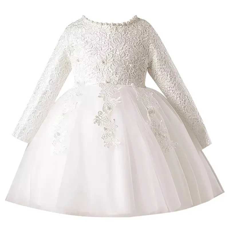 White lace 1st birthday baby girl baptismal dress Christmas costume newborn princess long sleeved Christmas dress X250203