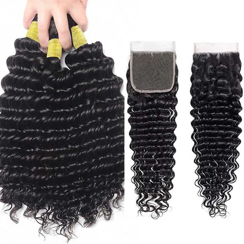 Deep Wave Human Hair Bundles With Clo 4x4 Transparent Lace #1B Color Wet and Wavy Virgin Human Hair Extensions For WomenXJ250120