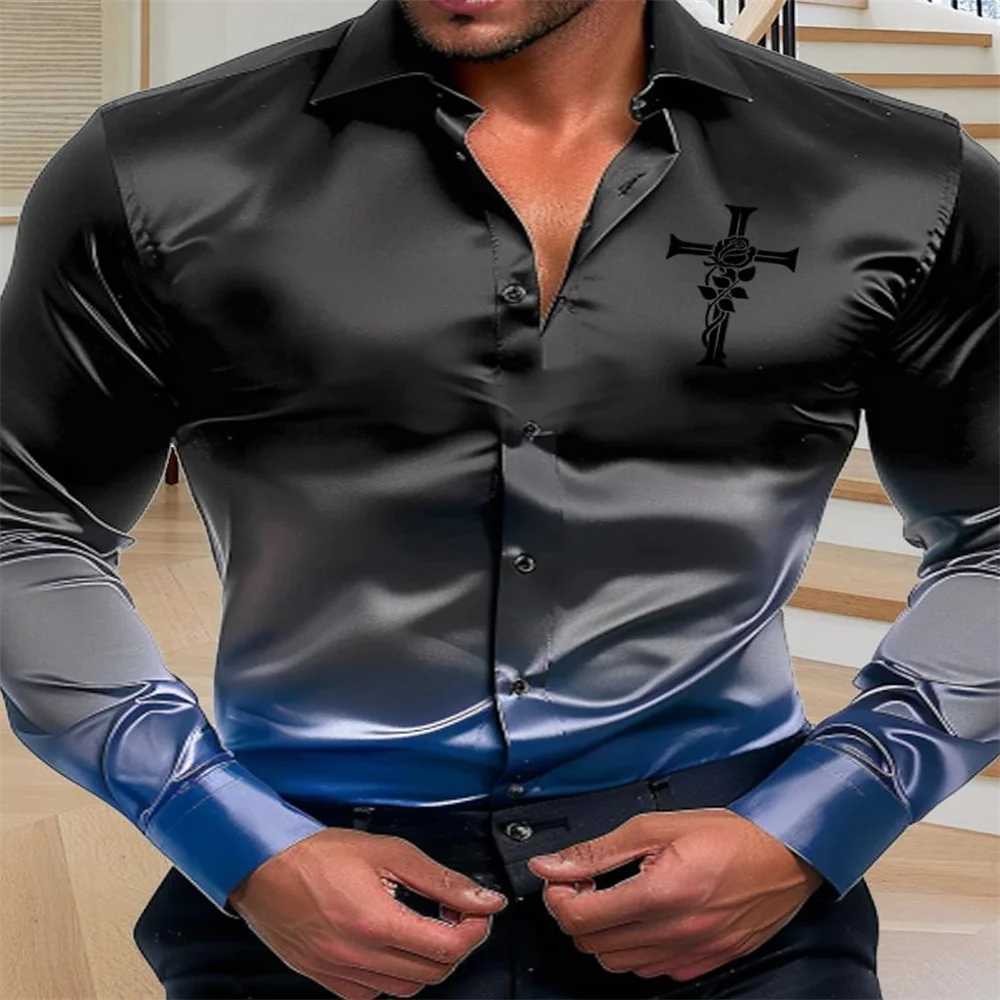 New color changing lapel mens button up shirt with printed long sleeves fashionable and comfortable outdoor street holiday shiXJ250121