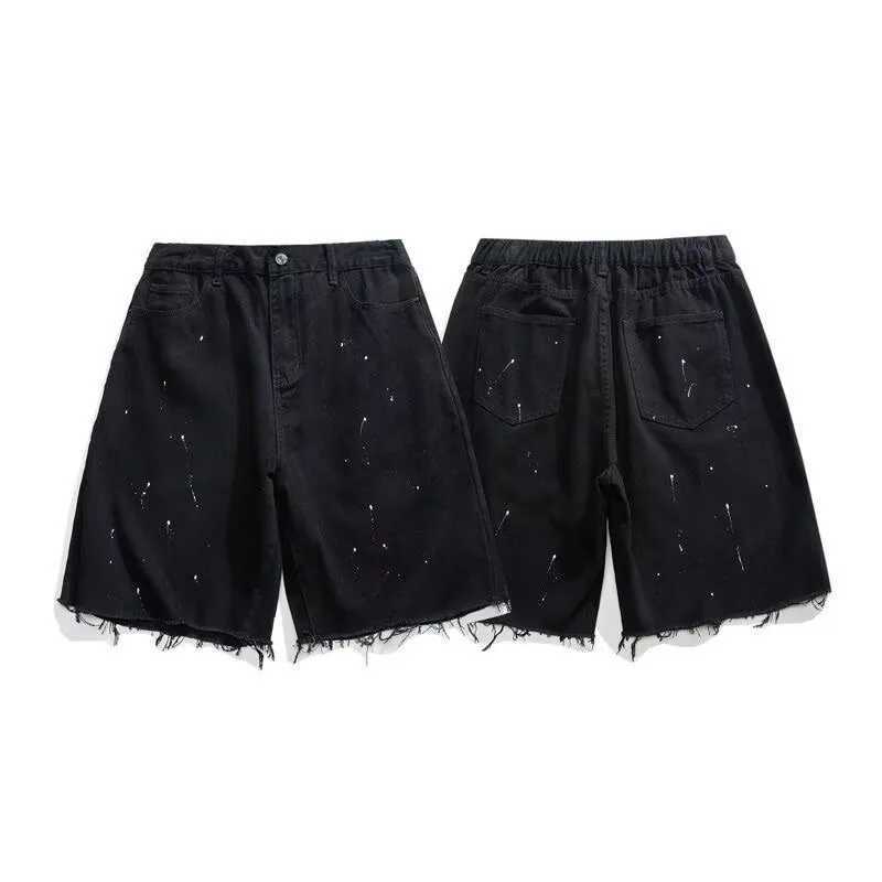 Summer thin splattered ink edge black denim shorts mens trendy American high street loose fit straight leg Capris X250203