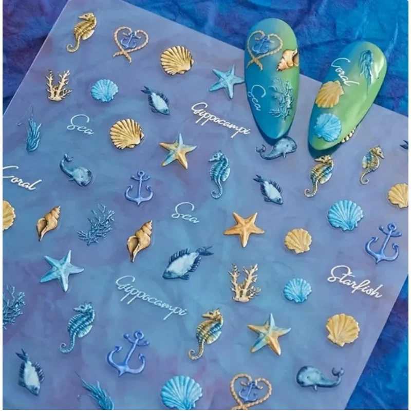 1pcs Ocean Nail Art Stickers 5D Summer Starfish Seashell Nail Decals Decoration Parts Y2K Embossed Nail Supplies Manicure SliderXJ250120