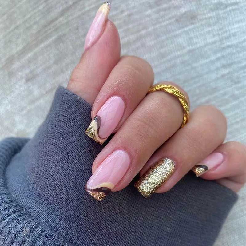 24pcs/set Black Reusable Adhesive Fake Nails Beveled French Snake Pattern Wearing Art False Nails Finished Fashion Press on NailW250120