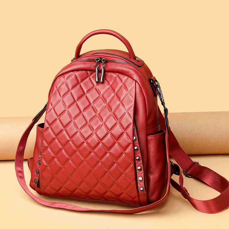 Women Genuine Leather Backpack Lozenge Soft Real Cowhide Shoulder Casual Large Capacity Travel Ladies Back Pack School Bags
