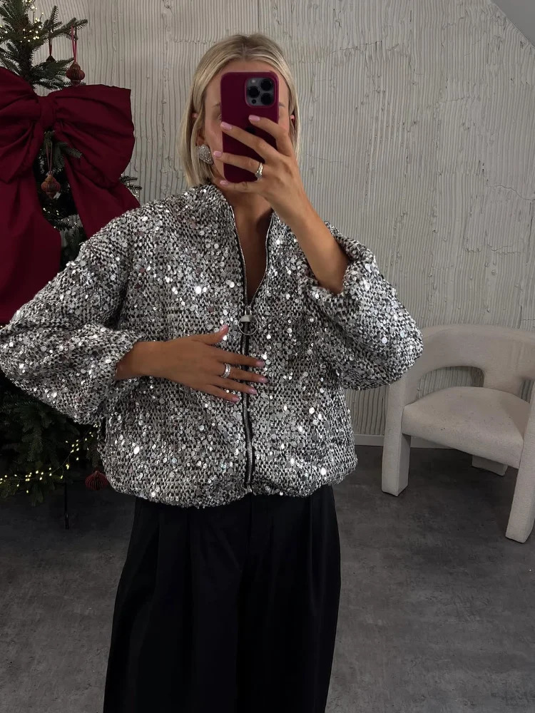 Casual Womens Silver Sequin Stand Collar Coats Elegant Zipper Loose Full Sleeved Short Jackets Female Chic Commute Overcoat 250122