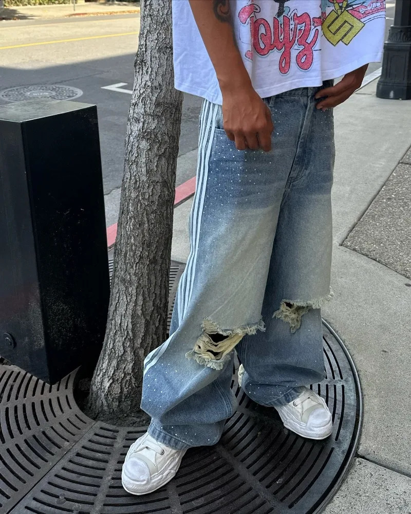 Y2k high-waisted ripped jeans Women street vintage striped wide-leg pants Personality fashion diamond decorated pants 250118