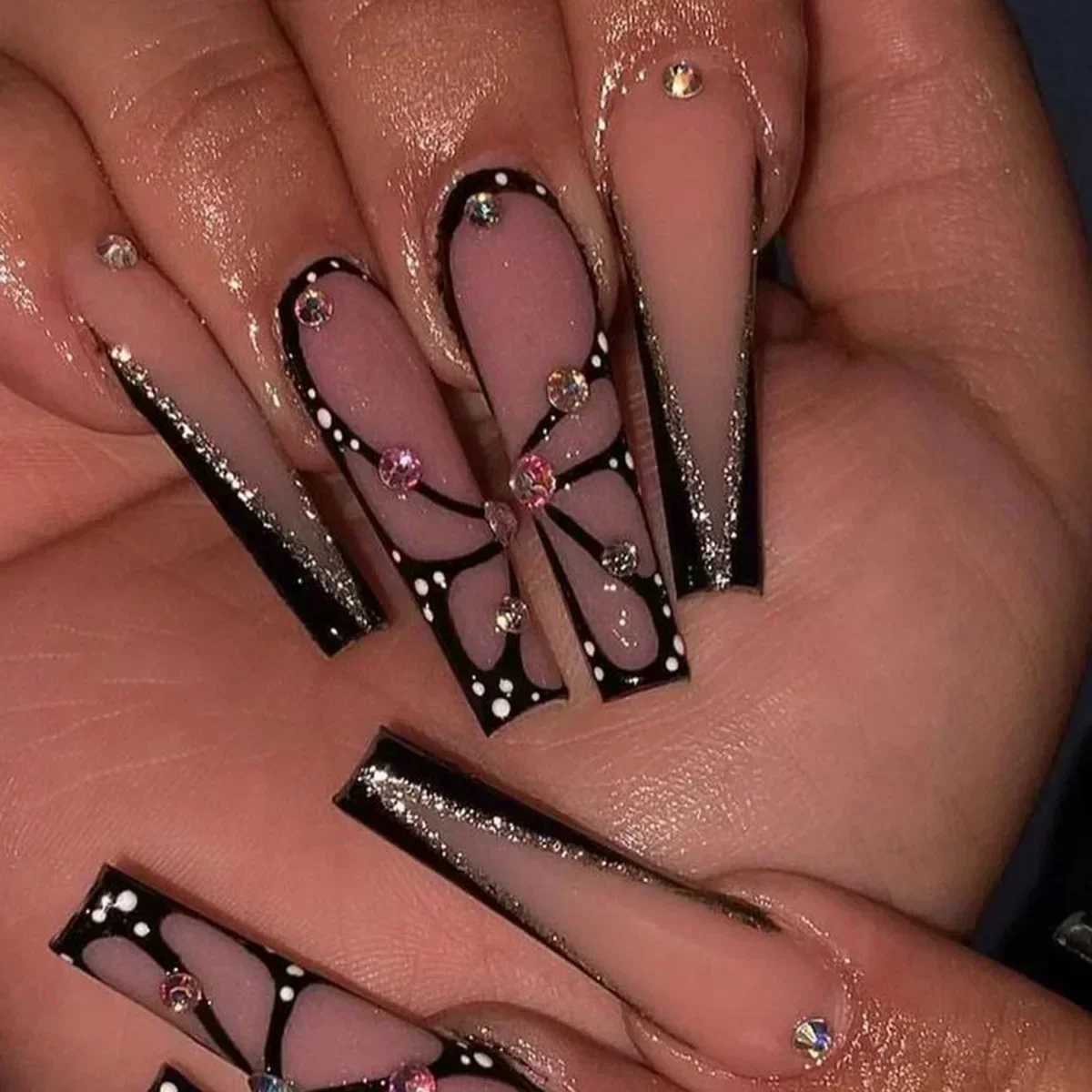 24 pieces of long ballet fake nails pink butterfly with rhinestone French design wearable fake nails nail tip art flash pressW250120