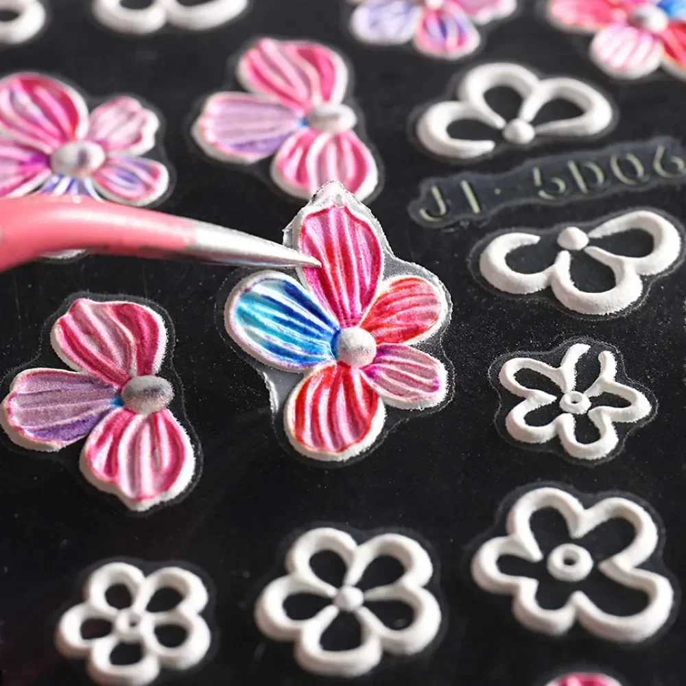 5D Nail Stickers Flowers Geometric Lines Decor Acrylic Embossed Sliders Gold Frame Nail Decals Cherry Blossom Manicure Nail ArtXJ250120