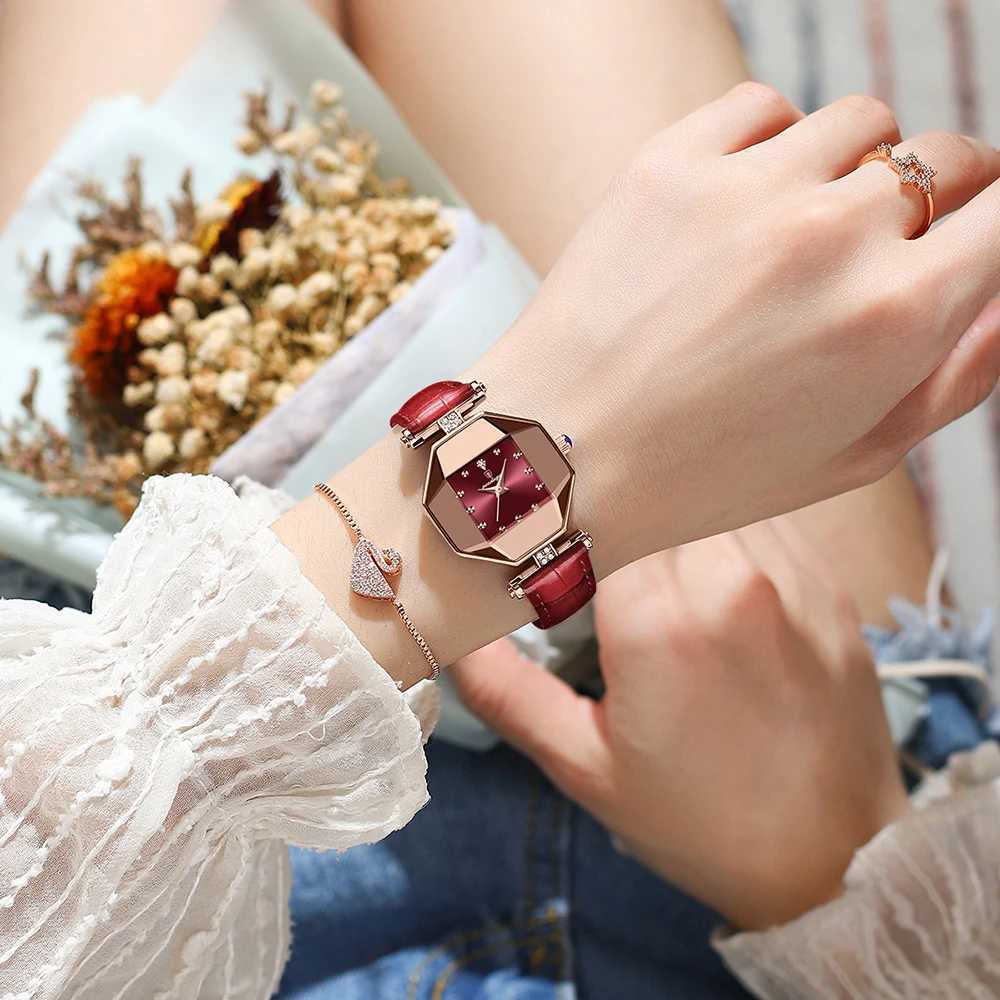 POEDAGAR Wen Watches Fashion Square Diamond Wine Red Leather Quartz Watch Luxury Rose Gold Waterproof Ladies Wristwatch Gift X250203