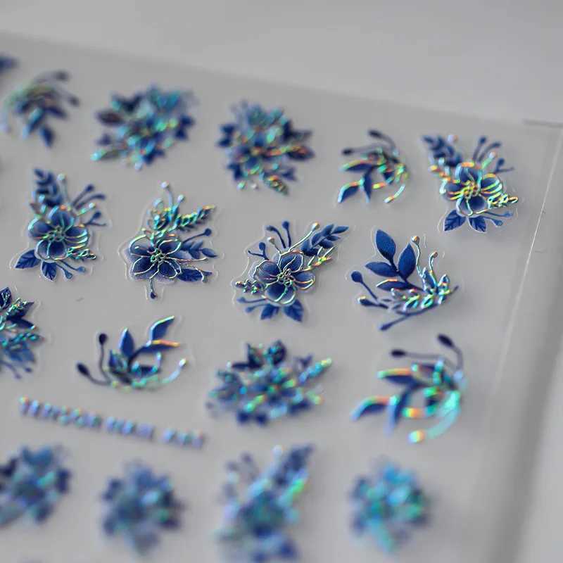 Acrylic Engraved Nail Sticker Holographi Blue Flowers Gold Line Self-Adhesive Nail Transfer Sliders Wraps Manicures Foils Z0661XJ250120
