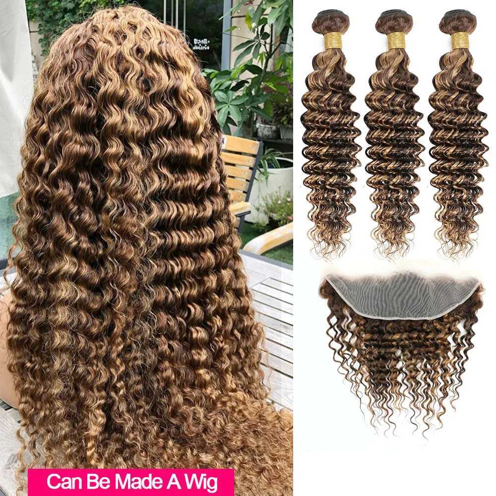 30 Inch Highlight Deep Wave Bundles with Frontal Clo Human Hair Bundles with Clo Ombre Honey Blonde Bundles with CloXJ250120