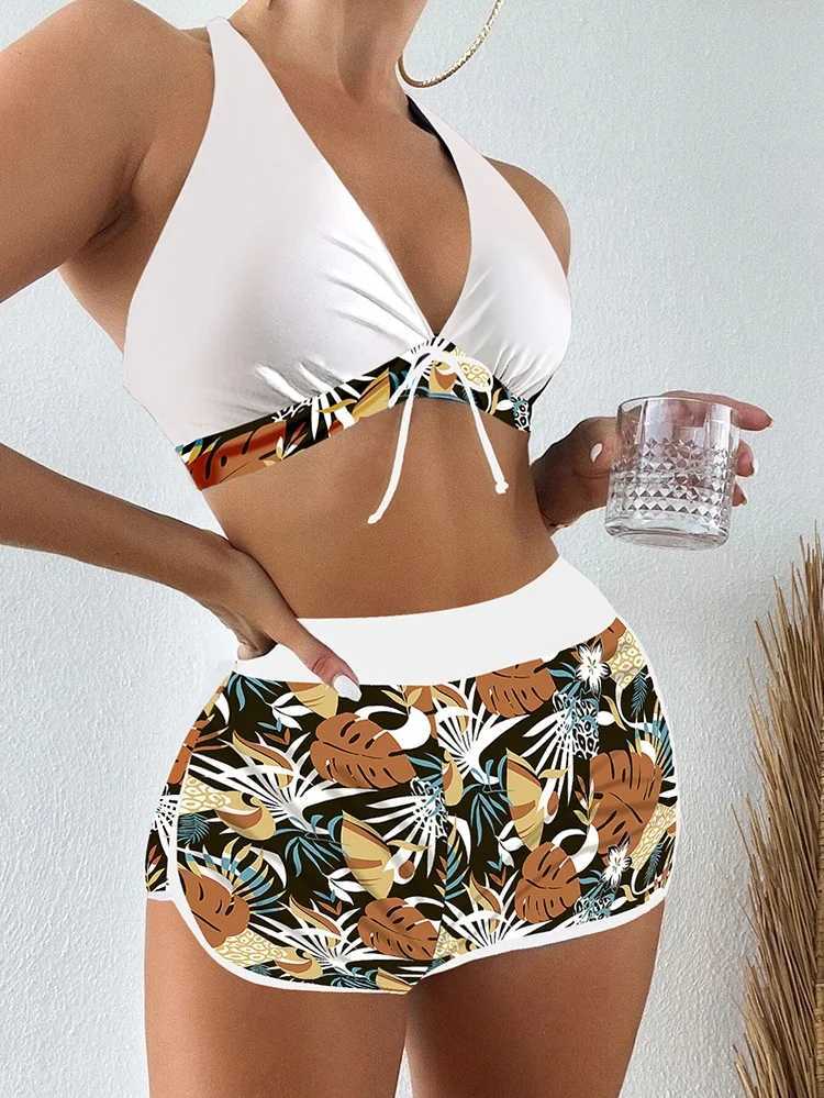 2Pcs/Set Bikinis Set Bowknot Decor Floral Print Bikini Backless Halter Bra High Waist Beachwear Fe Beach ClothingXJ250120