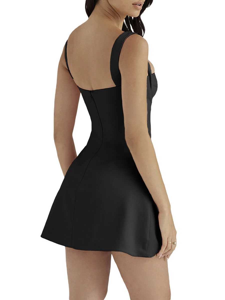 Sexy Summer Short Dress For Women 2025 Fashion Solid Black Pink Low-Cut Sling Sveless High Waist A-Line Mini DressXJ250115