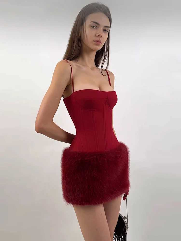 Nibber Pathwork Christmas Sexy Woman Dress Furry Hem Skinny Sveless Backless Midnight Suspenders Stylish Classic Mini BodyconXJ250115