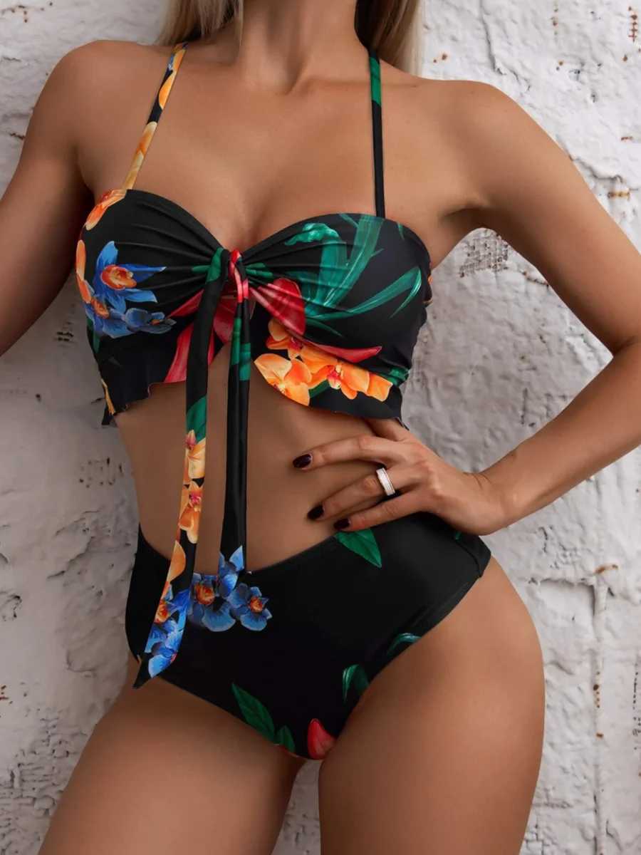 3 Pieces Floral Print Knot Front Bikinis 2024 Women Ruffle Swimwear Fe High Waist Swimsuit With Beach Skirt Bathing SuitXJ250120