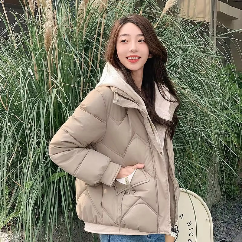 2025 New Winter Fashion Parkas Fake Two Items Short Coats Women's Down Cotton Jacket Thick Hooded Tops Female Casual Outwear