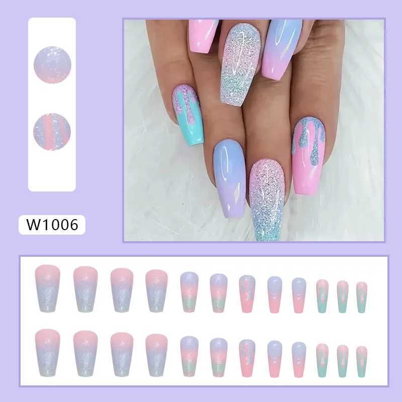 24Pc/set Girl Pink Blue Gradient On Ballet Fake Nails Acrylic Press on Nail Tips Removable Artificial Wearing False Nails ArtW250120