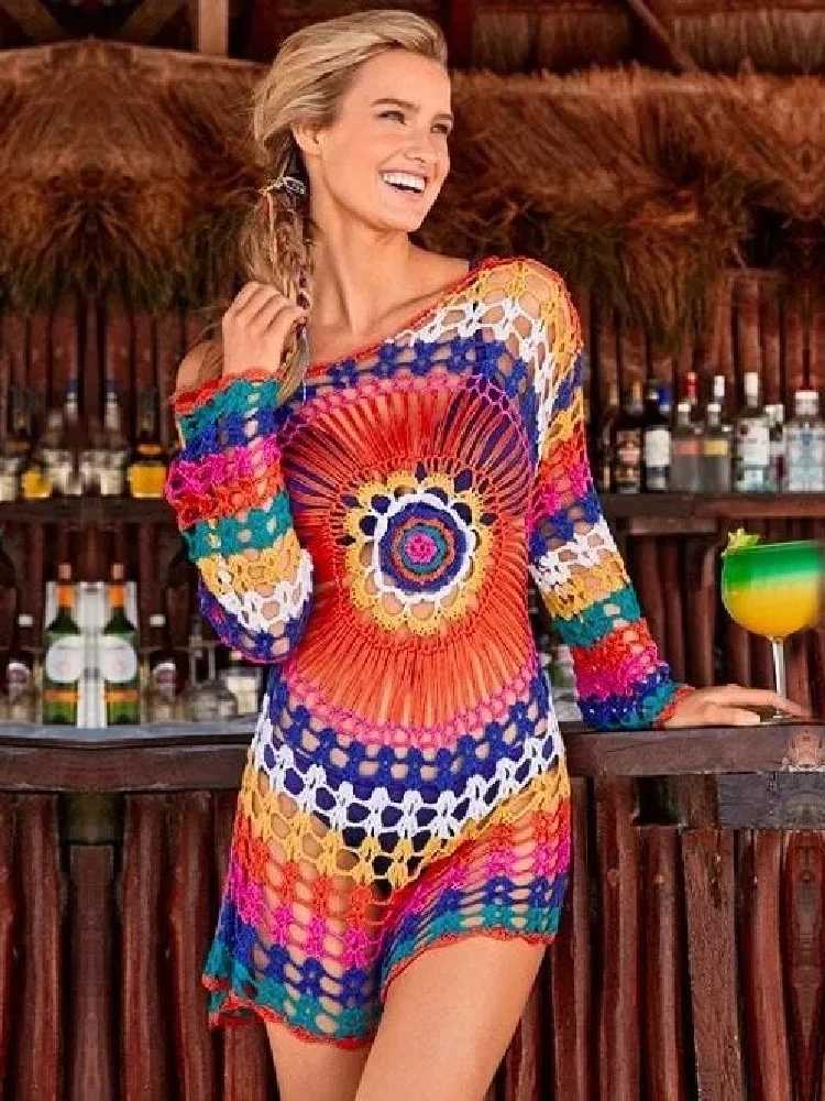 Handmade Knitted Beach Cover Tunics for Beach Swimsuit Crochet Cover Ups Sarong Beach Saida Praia Sarong Beach Kaftan #Q498 W250120