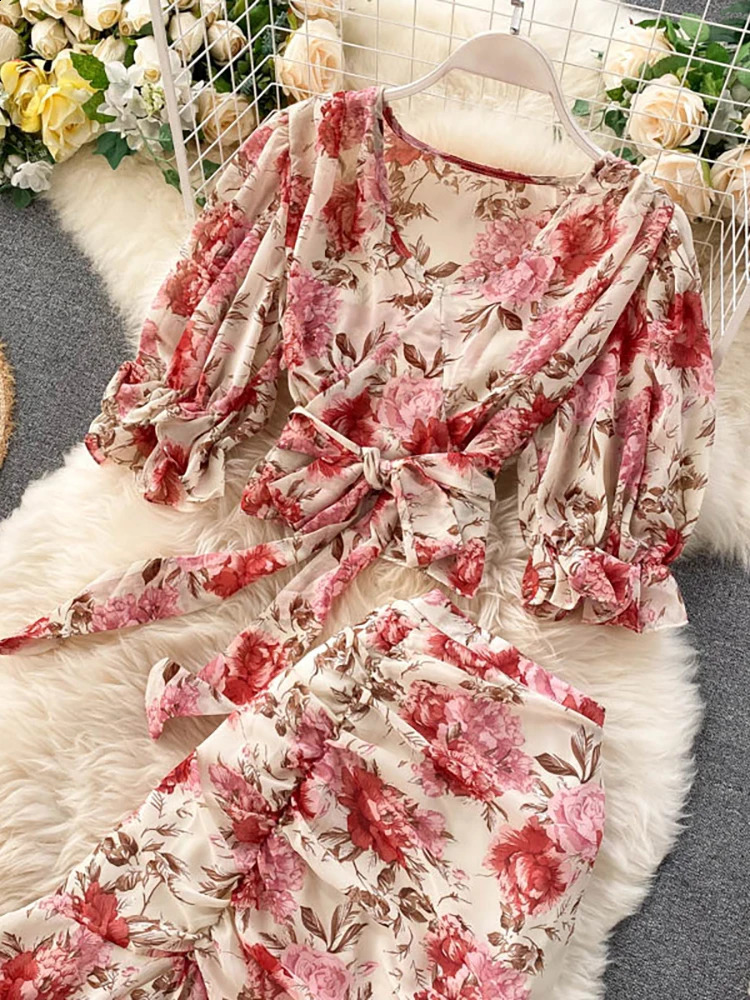 Bohemian Pink/Blue Floral Print Chiffon 2pcs Set Women Summer Bandage Short Tops High Waist Mermaid Skirt Female Sets 250118