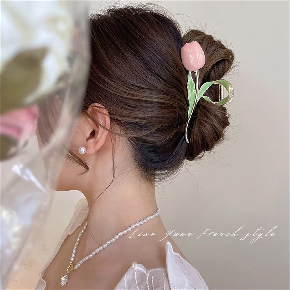 Vintage Tulip Flower Hair Claw Clips Women Alloy Makeup Hair Styling Clamp Barrettes Girls Ponytail Shark Hair Claw Barrette 250120