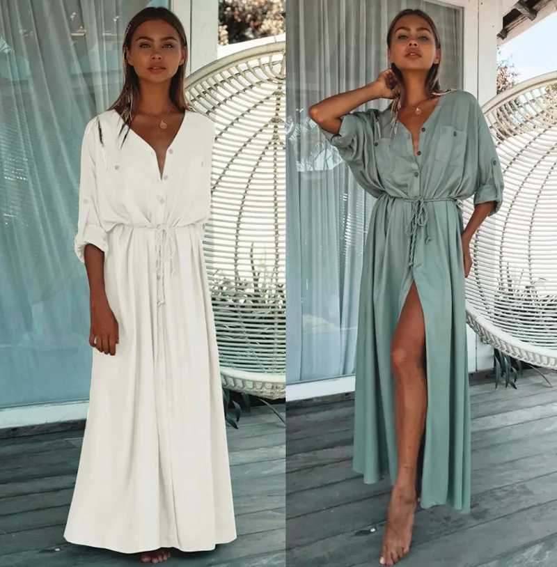 2024 New Boho Cover Up Womens Casual Kaftan Plus Size Beach Outfits Dr Batwing Sleeve Bathing Pareo Sarong Beachwear Plage W250120