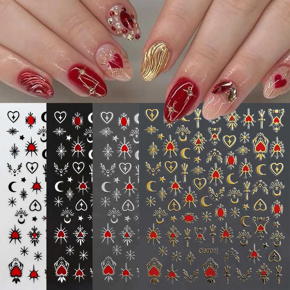 8Pcs Red Heart Nail Stickers 3D Bronzing Silver Gold Heart Shape Star Moon Metal Totem Nail Slider Self-Adhesive DIY Nail Art*XJ250120