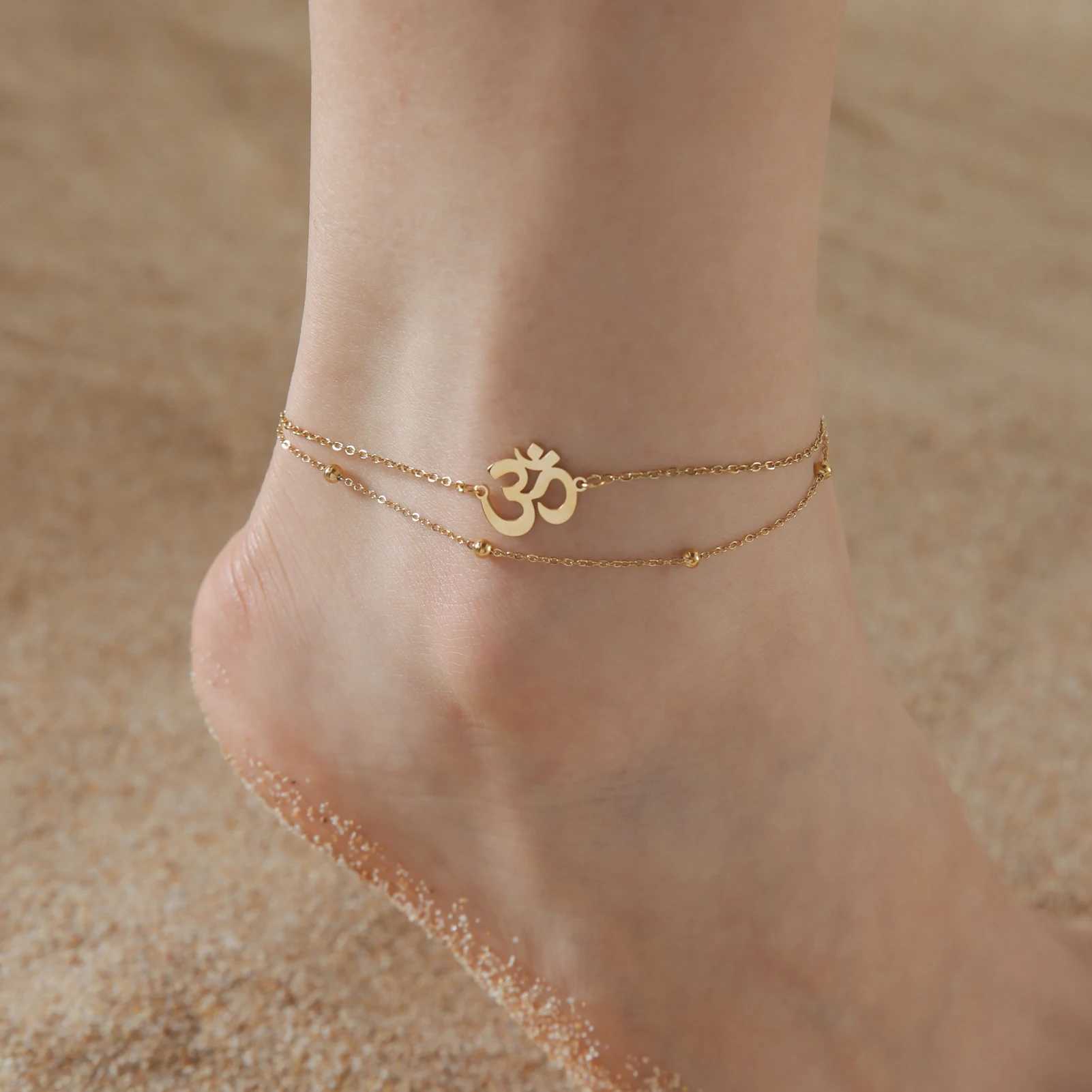 Skyrim Indian Buddhism Yoga OM Anklet Women Stainl Steel Double Layer Beads Chain Ankle Bracelet Amulet Summer AccoriesXJ250121