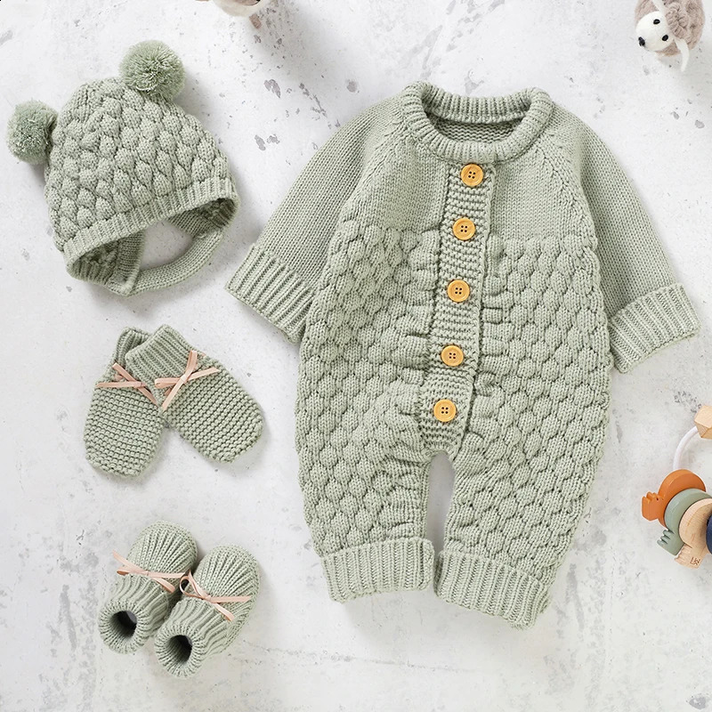 born Baby Romper Shoes Gloves Set Knit Girl Boy Jumpsuit Boot Mitten Solid Toddler Infant Long Sleeve Clothing 4PC Fall 0-18M 250121