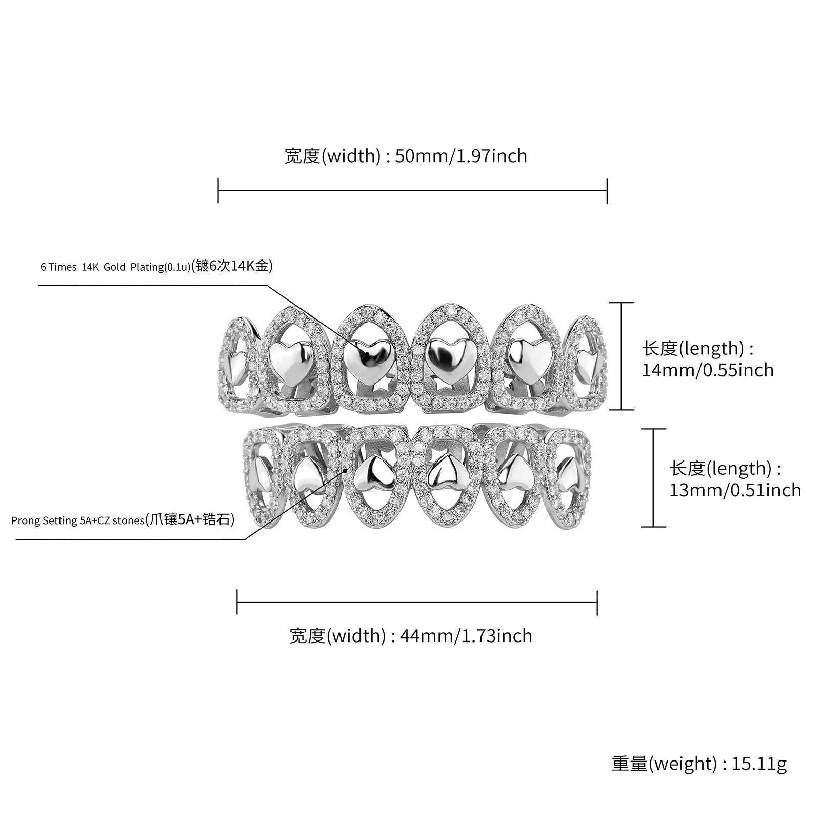 RACHELZ Silver Color Zircon Hollow Heart Teeth Caps For Women Men Couple Jewelry Hip Hop Glossy CZ Stone Tooth Grills GiftXJ250114
