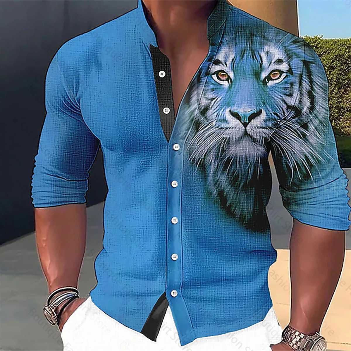 Mens Shirt Animal Tiger Pattern 3D Printing Stand Collar Fashion Street Casual Long Sleeve Shirt XS-6XL Fast ShippingXJ250121