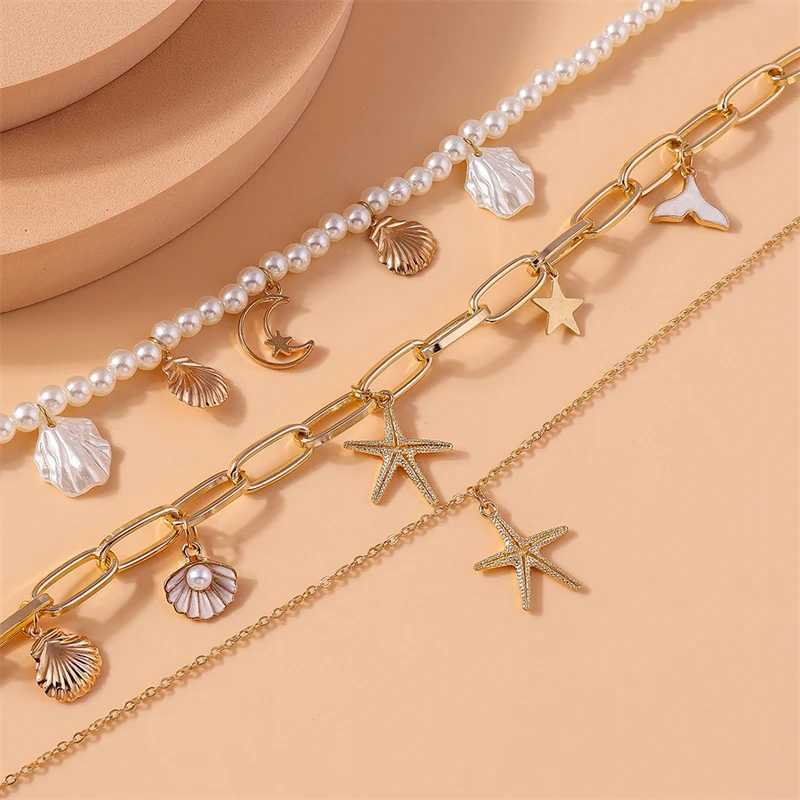 Fashion Muti-layers Imitation Pearl Necklaces for Women Summer Beach Starfish Shell Pendant Necklace Girls Vacation Jewelry GiftXJ250114